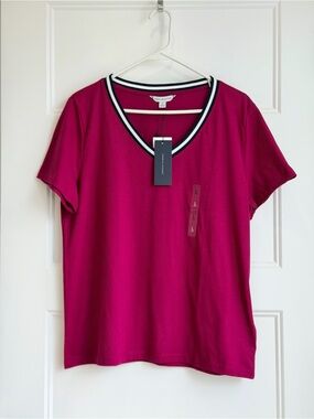 Tommy Hilfiger Magenta V-Neck Short Sleeve Top with Navy & White Trim